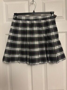 Los Angeles Apparel Black & White Plaid Pleated Mini Skirt with Red Accents